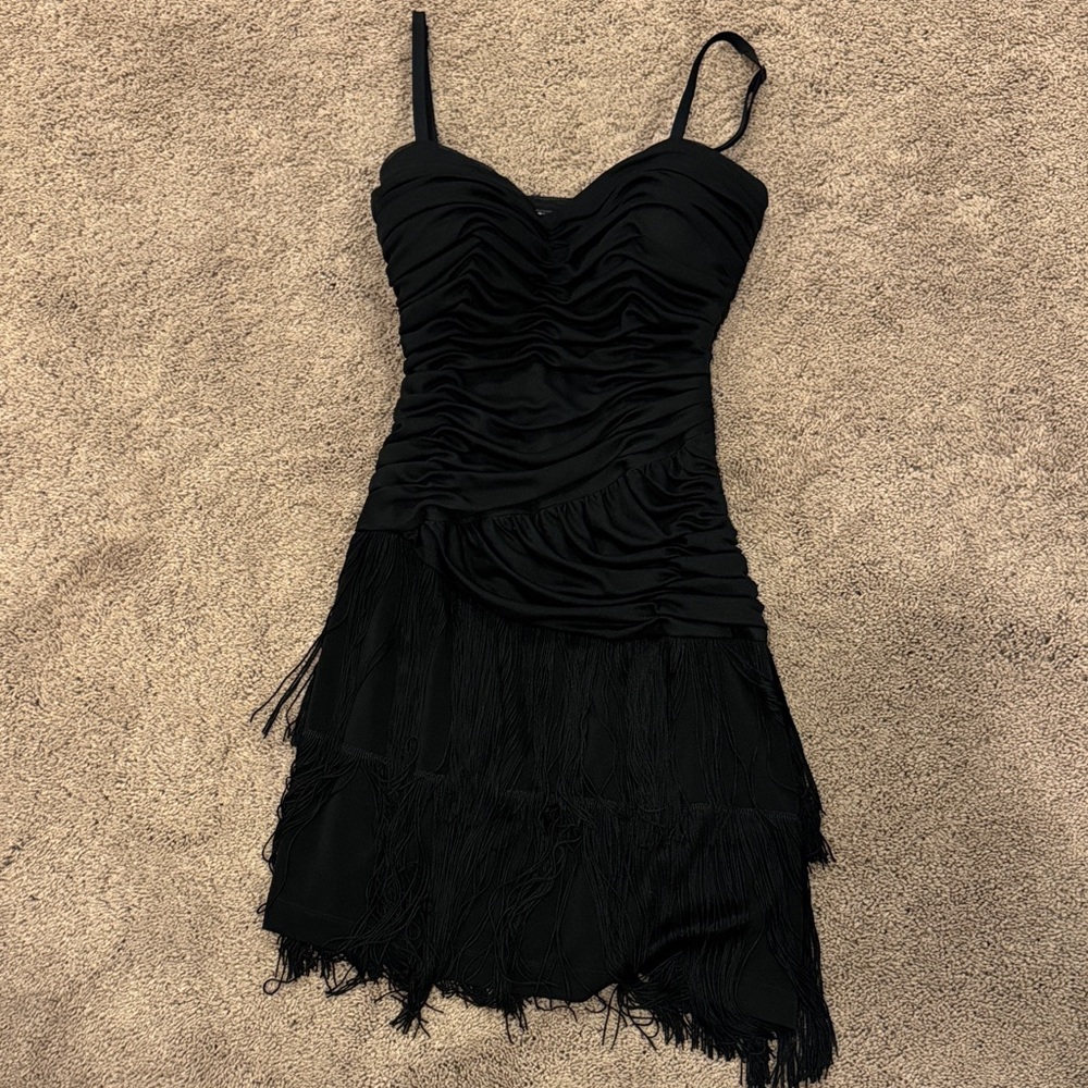 Guess black masquerade type dress with ruching and fringe size 4